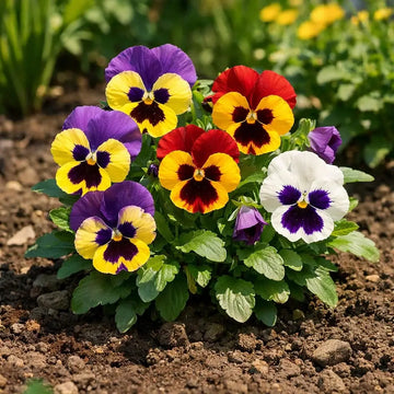 Colorful viola pansy flowers growing in a home garden