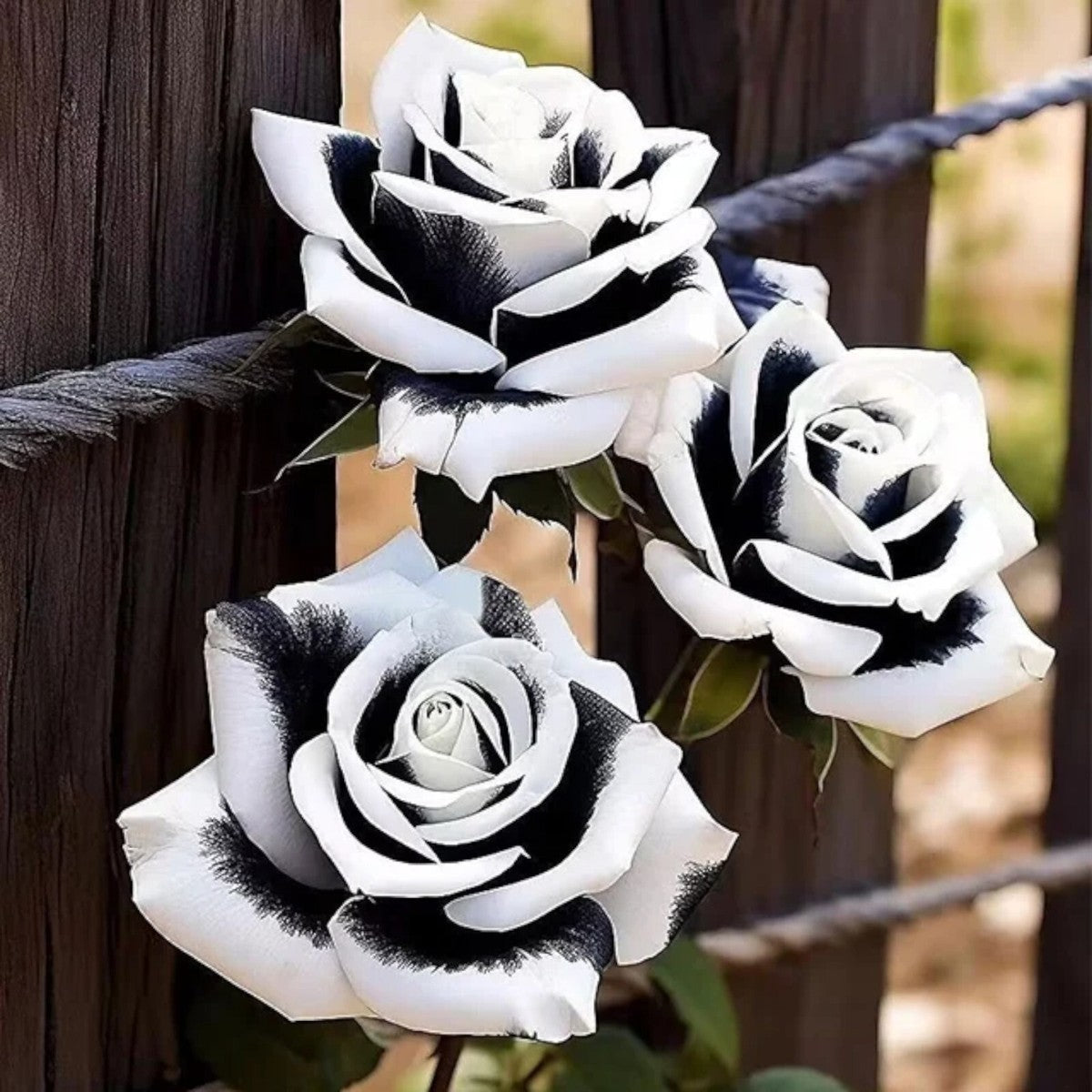 Ornamental black and white rose plants adding contrast to a flower garden