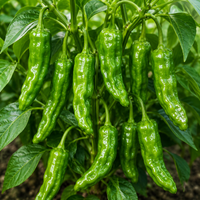 Japanese Shishito Pepper plants growing with slender green peppers in a garden.