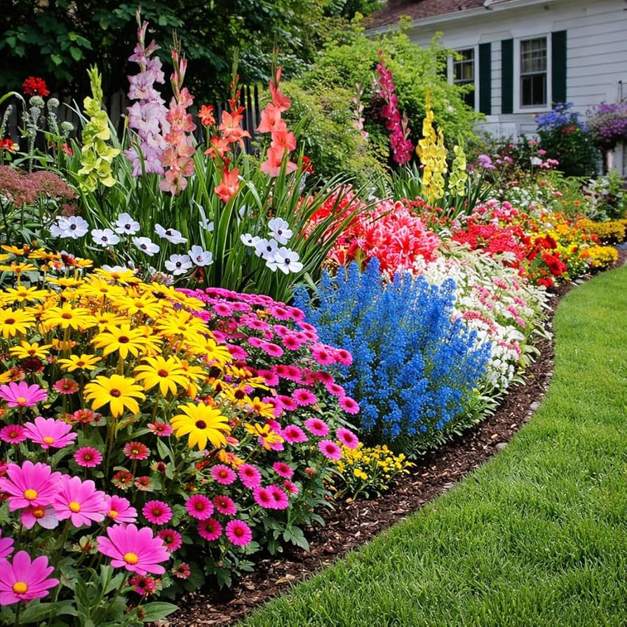 Mixed perennial flowering bulbs blooming in a colorful garden bed.