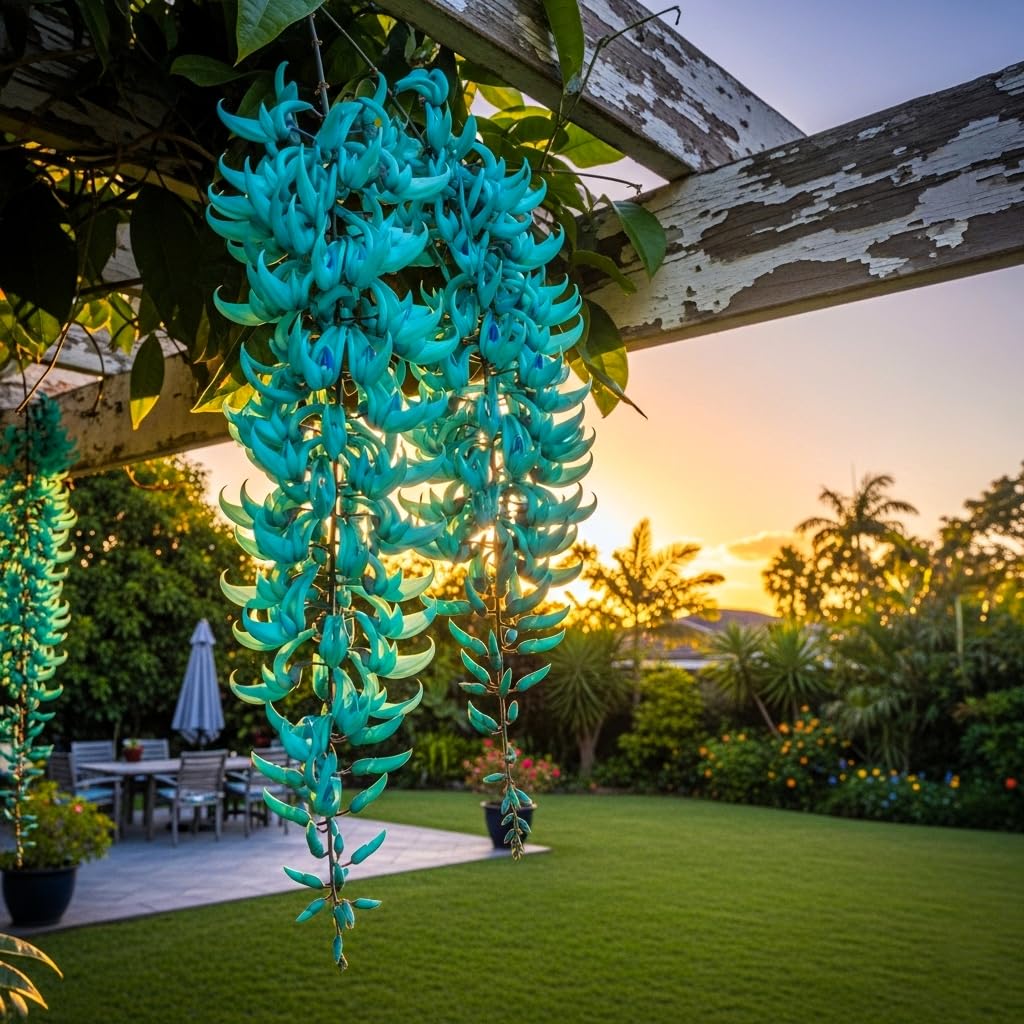 Perennial Jade Vine climbing plant displaying vibrant hanging flower clusters in a tropical garden setting.