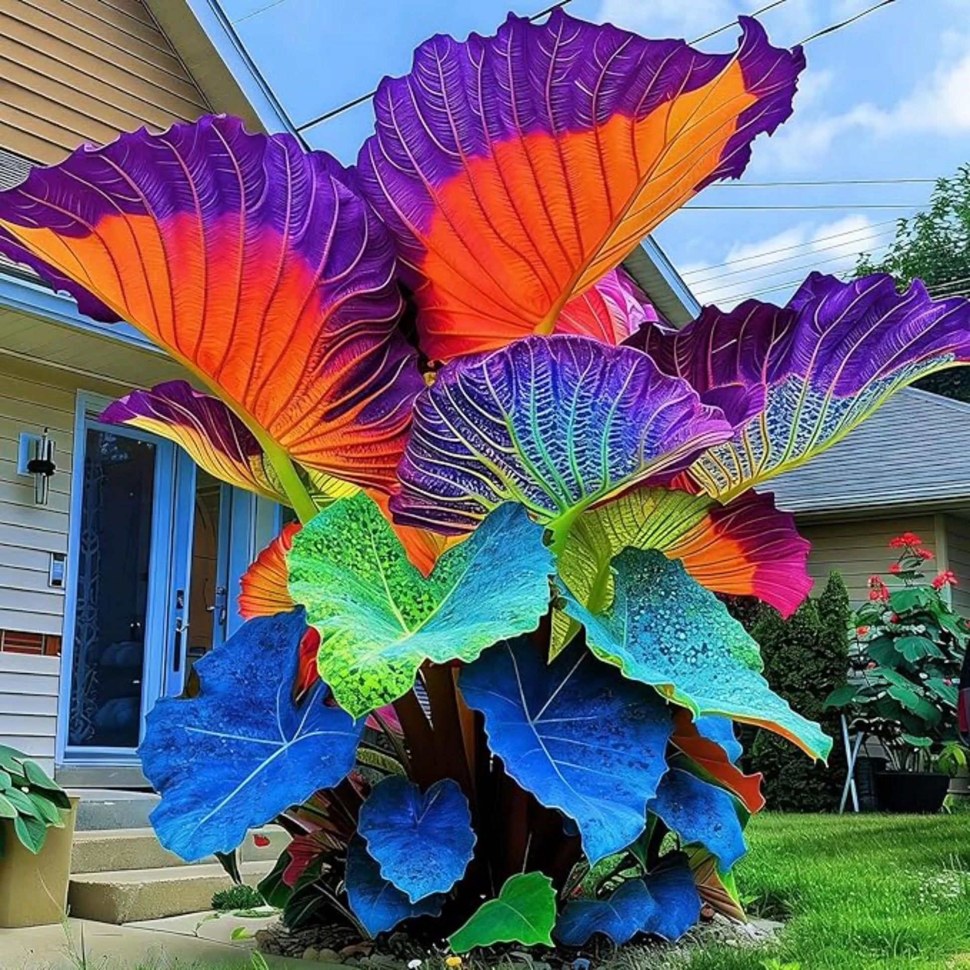 Rainbow Elephant Ear bulb with colorful tropical foliage for garden planting.
