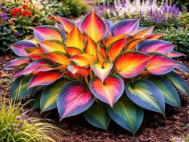 Rainbow Hosta perennial plant with smooth decorative leaves.