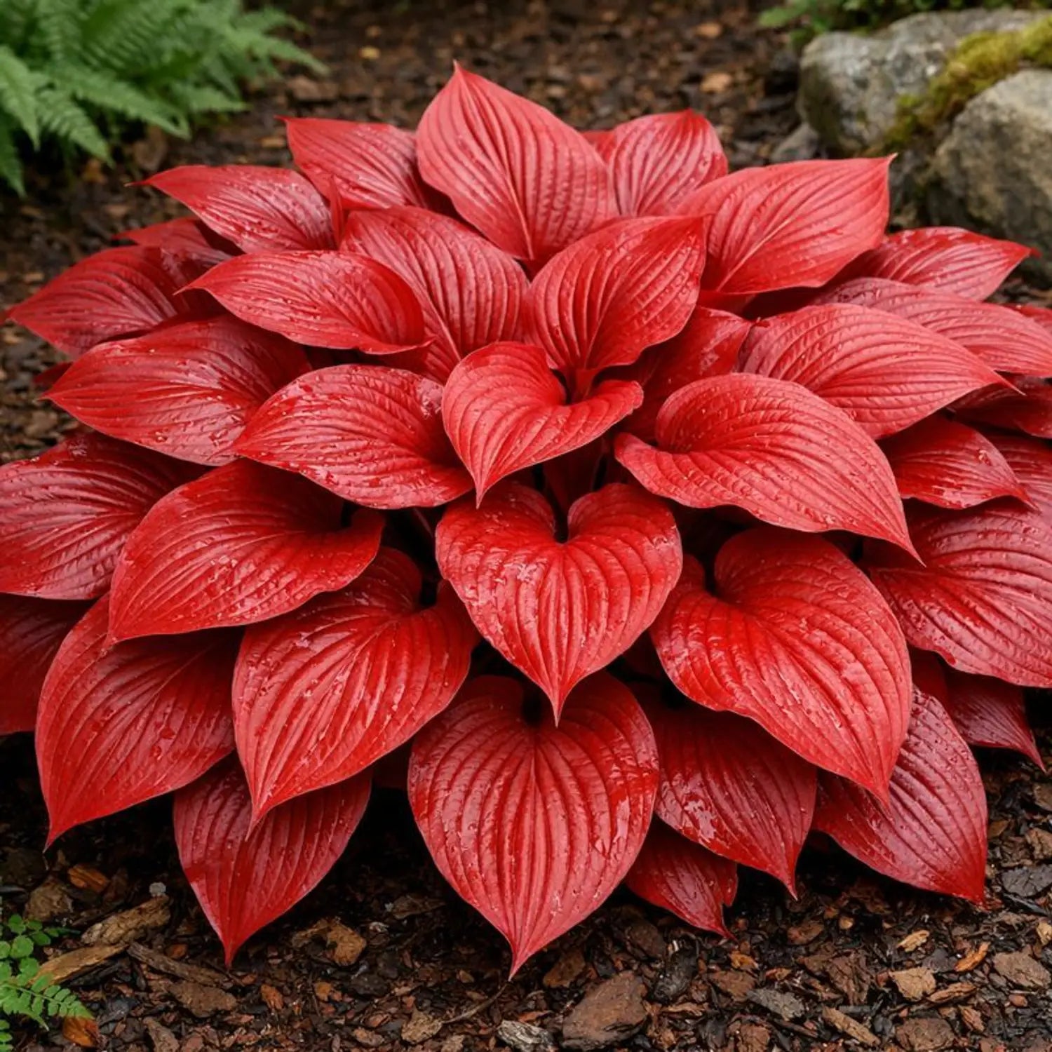 Red Hosta perennial plants growing in a shaded garden border.