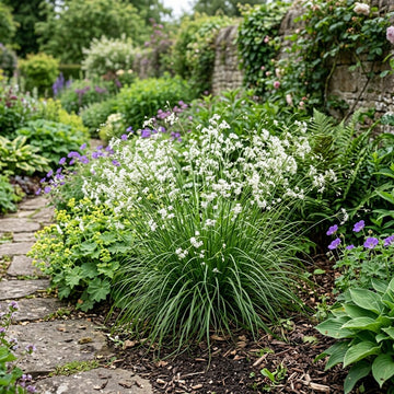 A lush garden bed featuring a central clump of white flowering ornamental grass with long green blades, surrounded by purple flowers, green foliage, and a stone path.