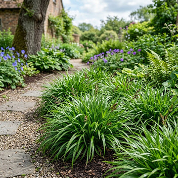 Luzula Sylvatica grass plants growing in a shaded woodland garden