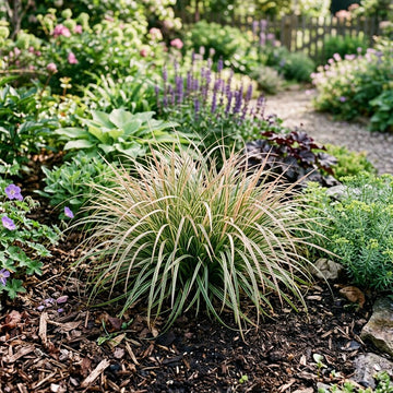 Carex Morrowii Pinkie ornamental grass with variegated foliage in a garden landscape