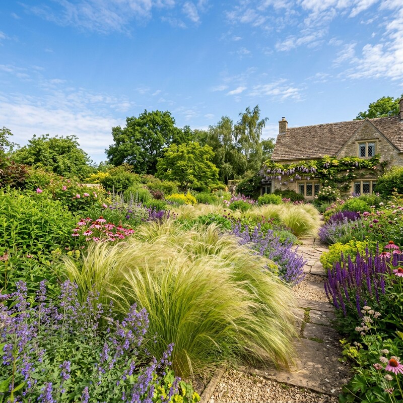 A lush garden pathway lined with purple flowers and tall ornamental grasses, leading toward a stone cottage under a blue sky with light clouds.