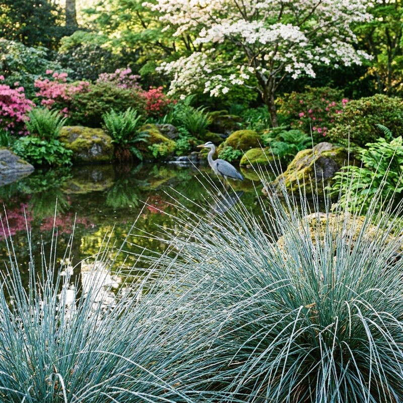 Juncus Patens 'Carman's Gray' grass plants growing in a landscaped garden