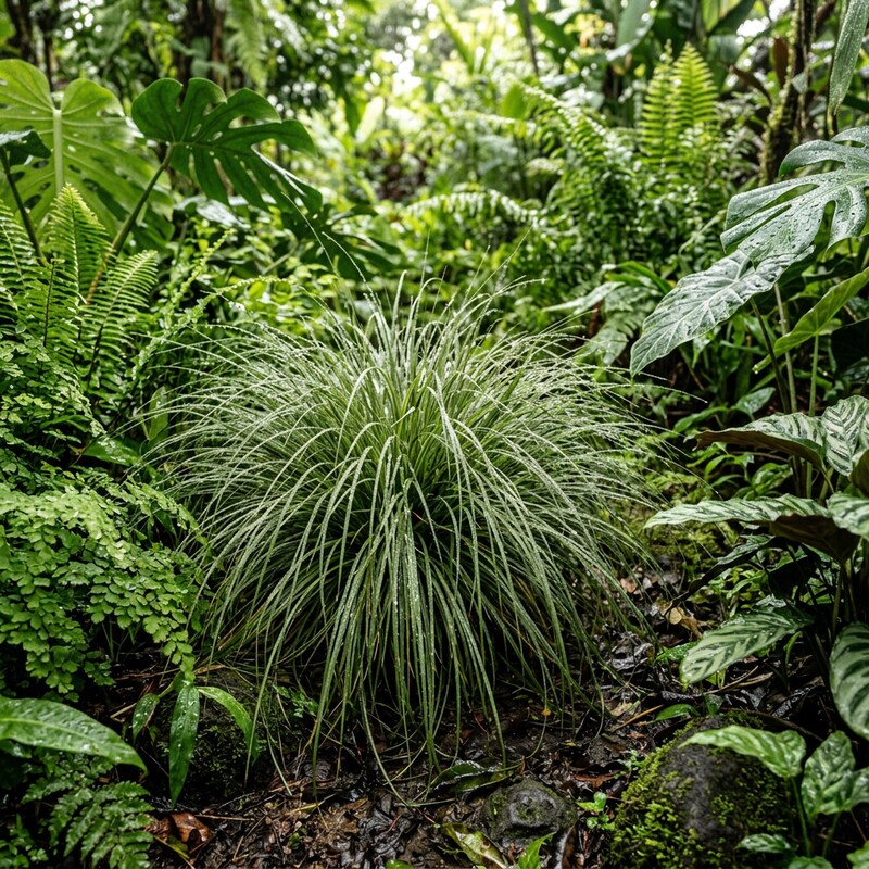 A lush green ornamental grass clump with long, slender sword-like leaves, surrounded by dense tropical foliage, ferns, and mossy forest floor.