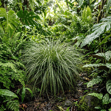 A lush green ornamental grass clump with long, slender sword-like leaves, surrounded by dense tropical foliage, ferns, and mossy forest floor.