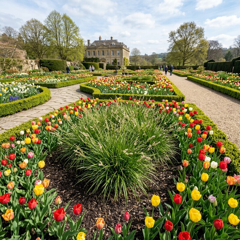 A formal garden with curved flower beds filled with tulips in red, yellow, orange, and white, leading toward a large stone mansion in the background under a blue sky.