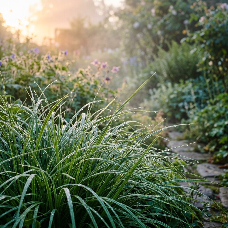 A close-up of green ornamental grass with dewy blades in a sunlit garden, with blurred foliage and a stone path in the background.