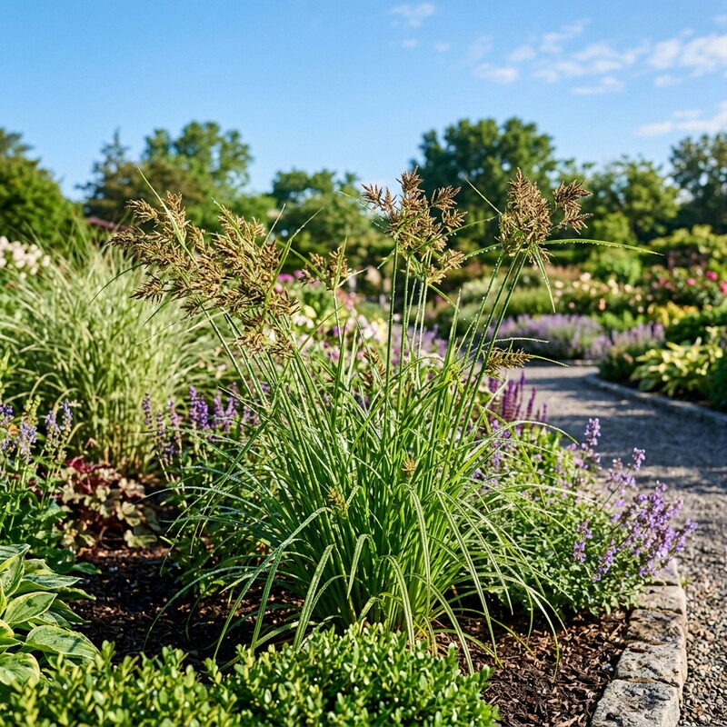 Cyperus Polystachyos Chimney Sweeper grass growing in a landscaped garden