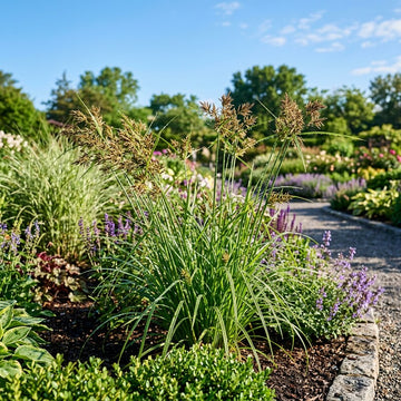 Cyperus Polystachyos Chimney Sweeper grass growing in a landscaped garden
