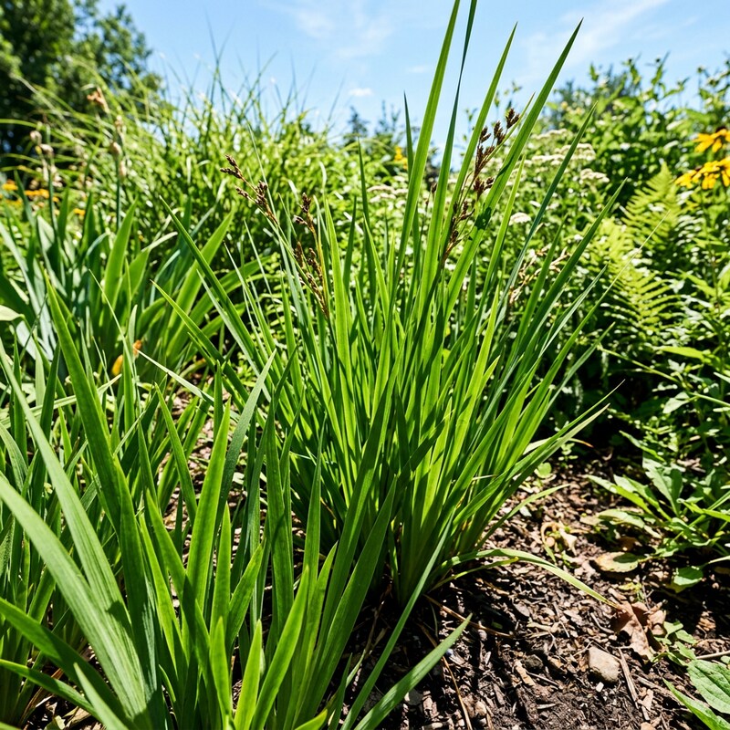 A close-up view of a lush green ornamental grass clump with long, slender leaves growing in a garden bed with mulch and other plants under a blue sky.