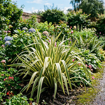 A variegated ornamental grass plant with long, sword-like green and cream leaves, planted in a lush garden bed surrounded by hydrangeas, other greenery, and a gravel path.