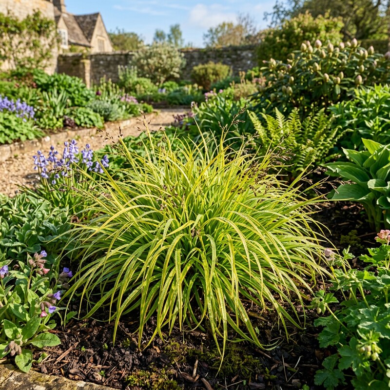 Luzula Sylvatica Solar Flair grass plants growing in a landscaped garden