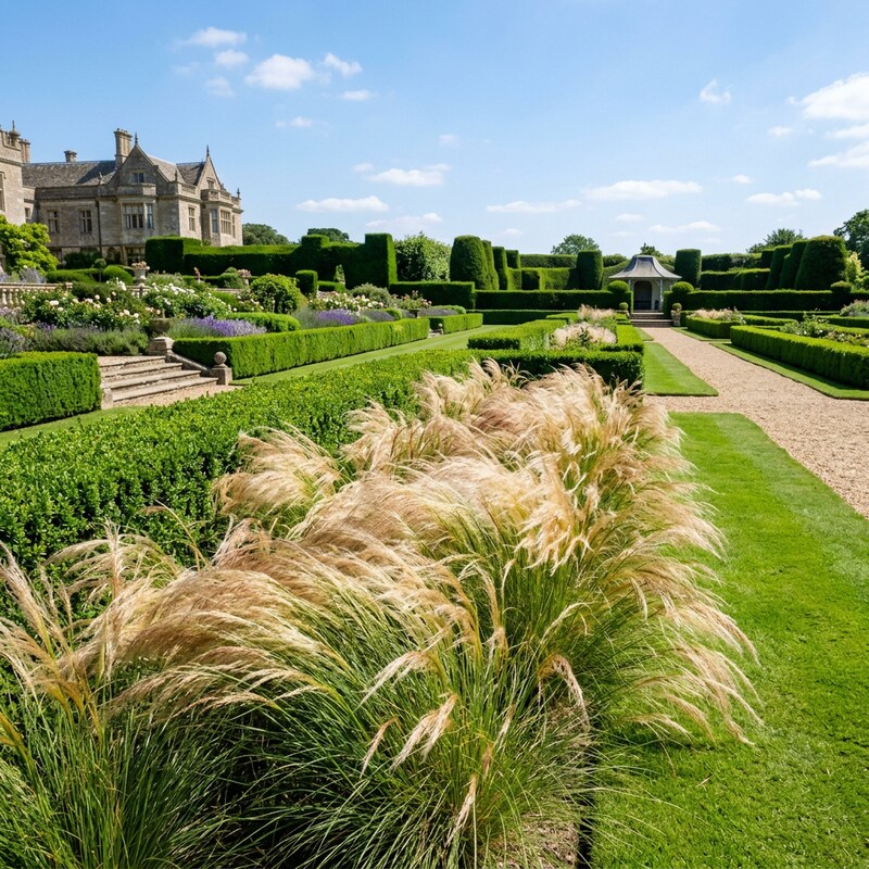 A scenic view of a formal garden with tall ornamental grasses in the foreground, neatly trimmed hedges, a gravel path, a stone gazebo, and a large historic mansion under a blue sky with light clouds.