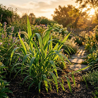 A lush green ornamental grass plant in a garden bed, with a stone path and other garden plants softly blurred in the background during golden hour.