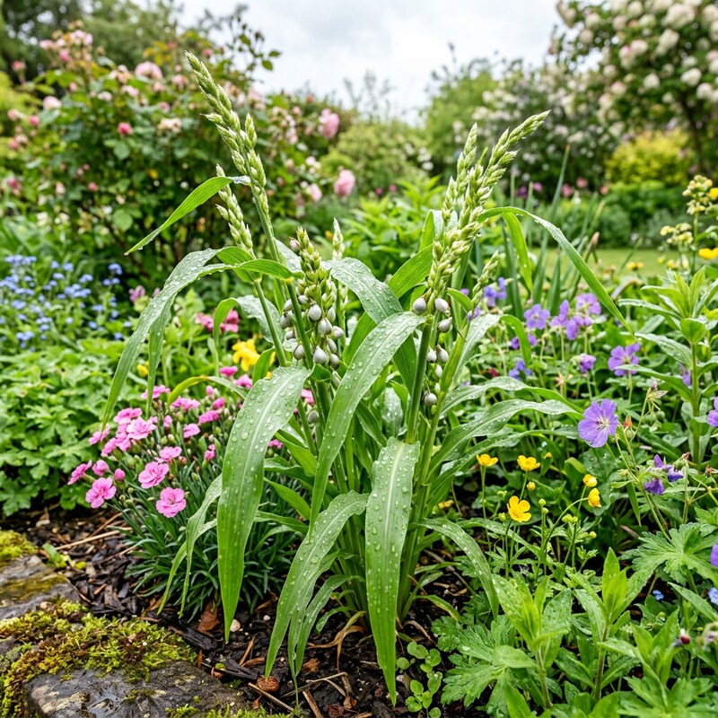 Coix Lacryma-Jobi grass growing with distinctive ornamental seed heads in a garden