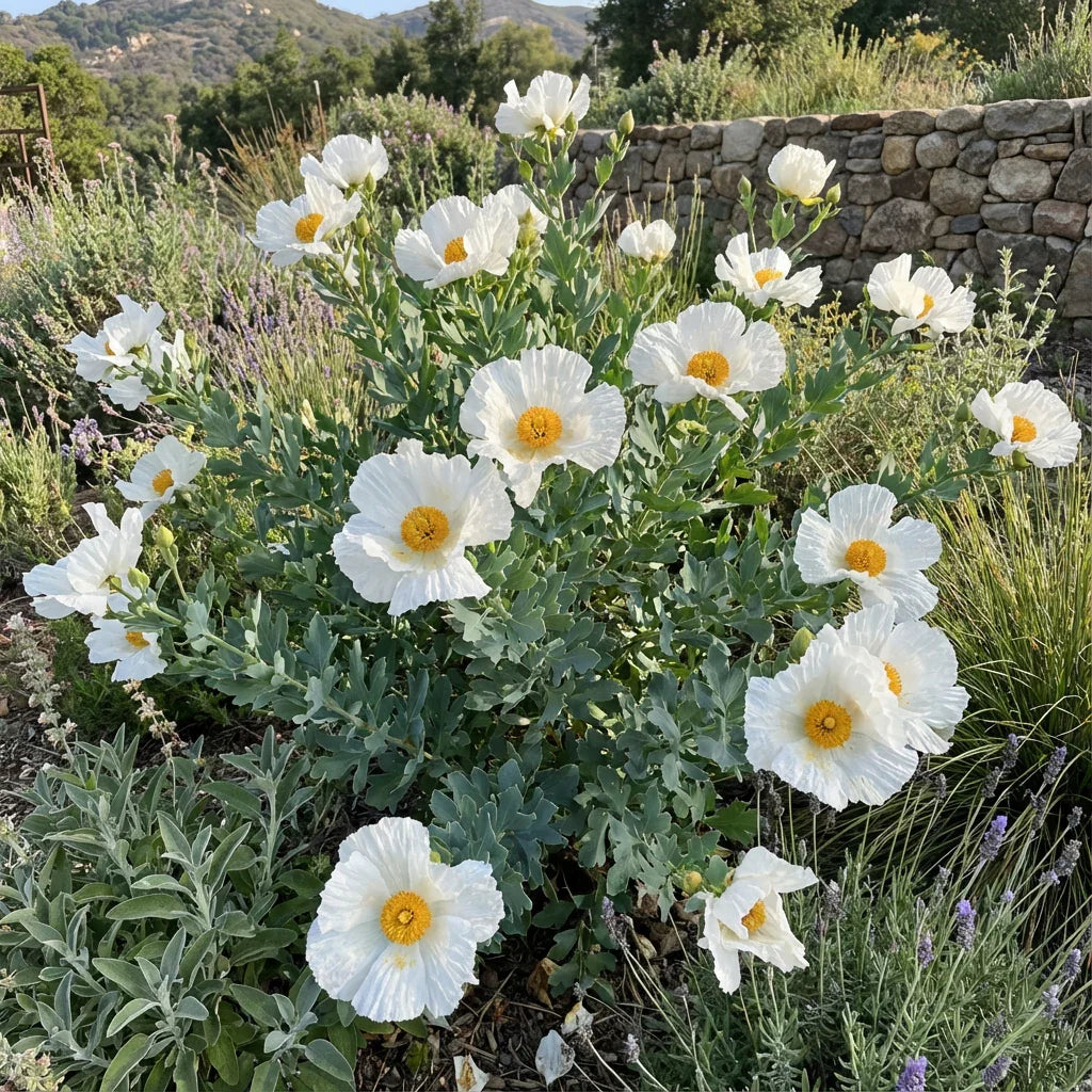 Romneya coulteri Matilija flowers blooming in a home garden.