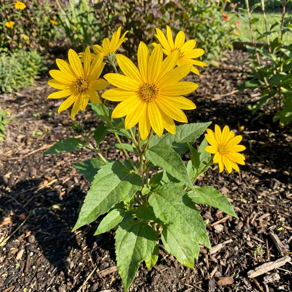 Topinambur Jerusalem Artichoke flower seeds growing bright yellow blooms in a home garden