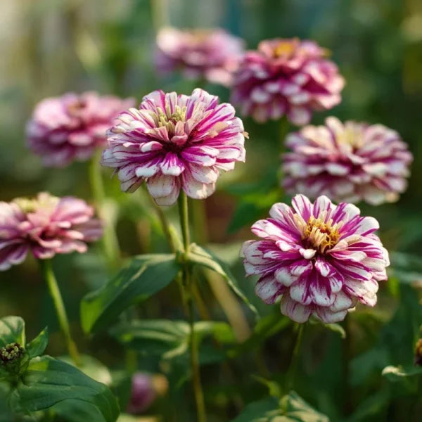 White and Pink Mixed Stick Zinnia Flowers Growing in Garden