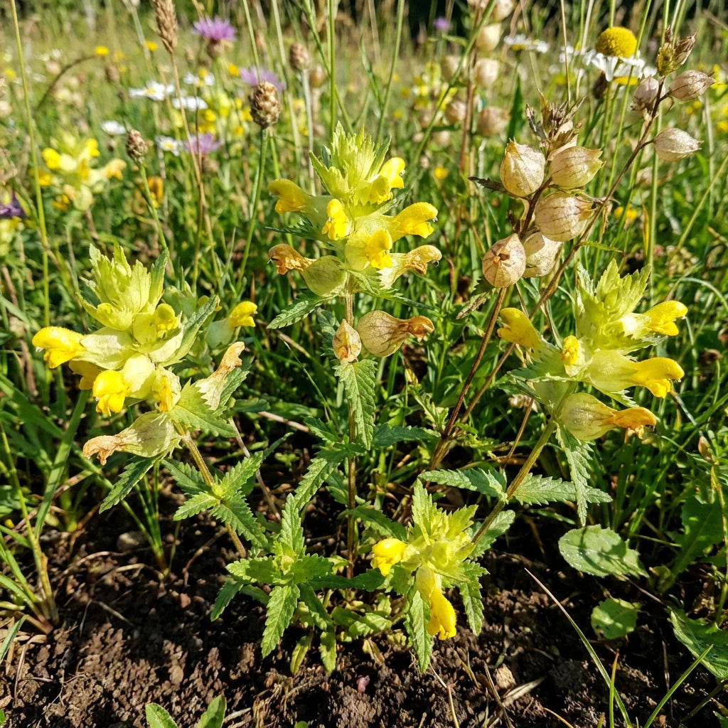 Yellow Rattle flowers blooming in a colorful home garden.