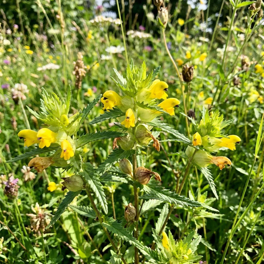 Bright yellow wildflowers growing in a natural meadow landscape.